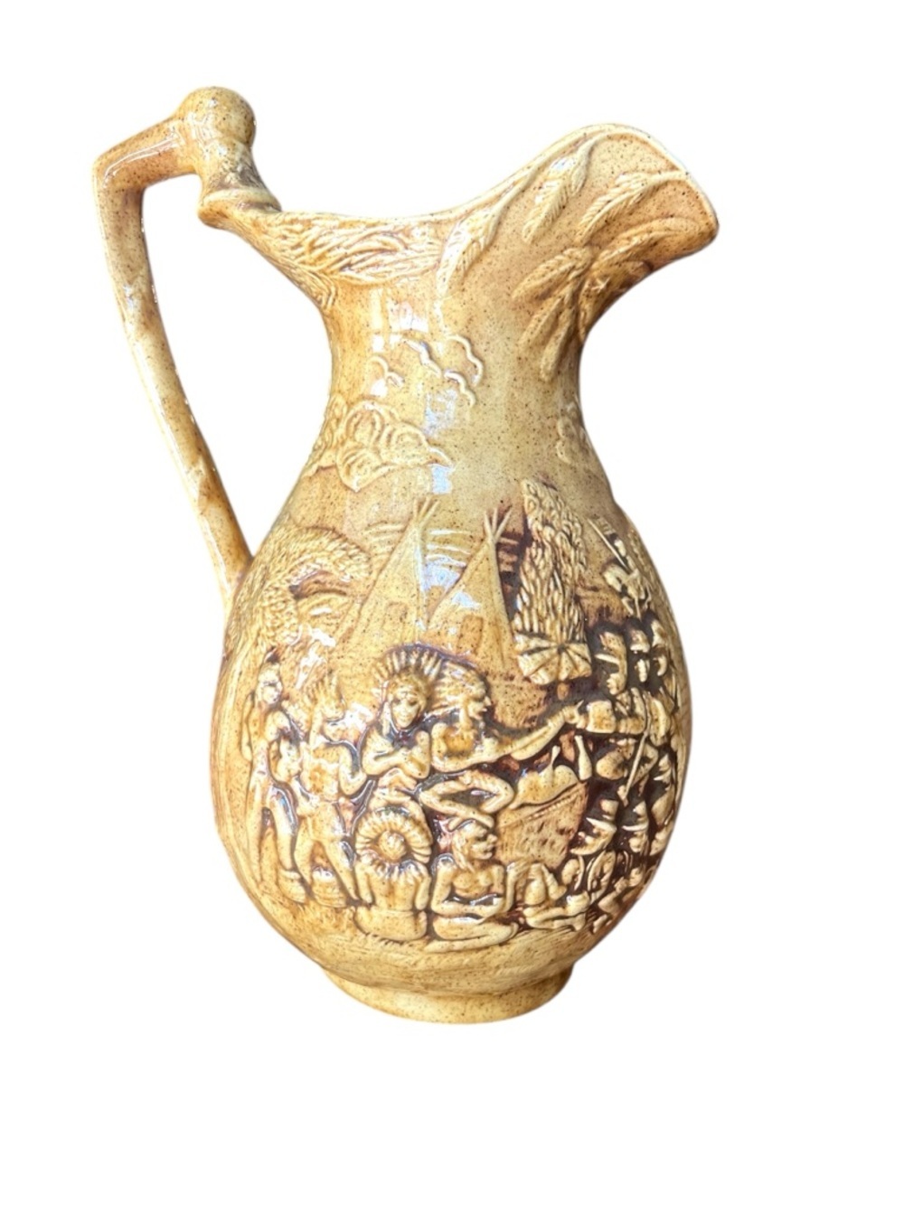 UNIQUE PITCHER WITH PEACE PIPE HANDLE INDIANS & PILGRIMS Handcrafted Signed